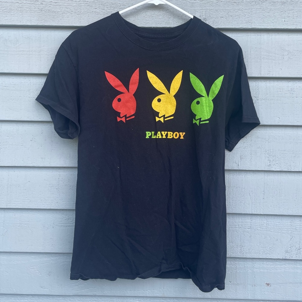 PLAYBOY Short Sleeve Tee - Black with Red, Yellow, Green Bunnies